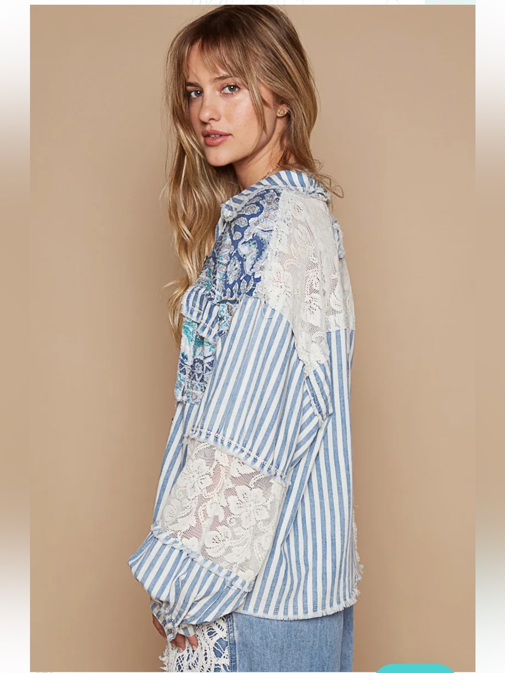 BB180. NWT POL Blue Striped Woven Mix Raw Hem Shacket with Lace Detail - Picture 4 of 5